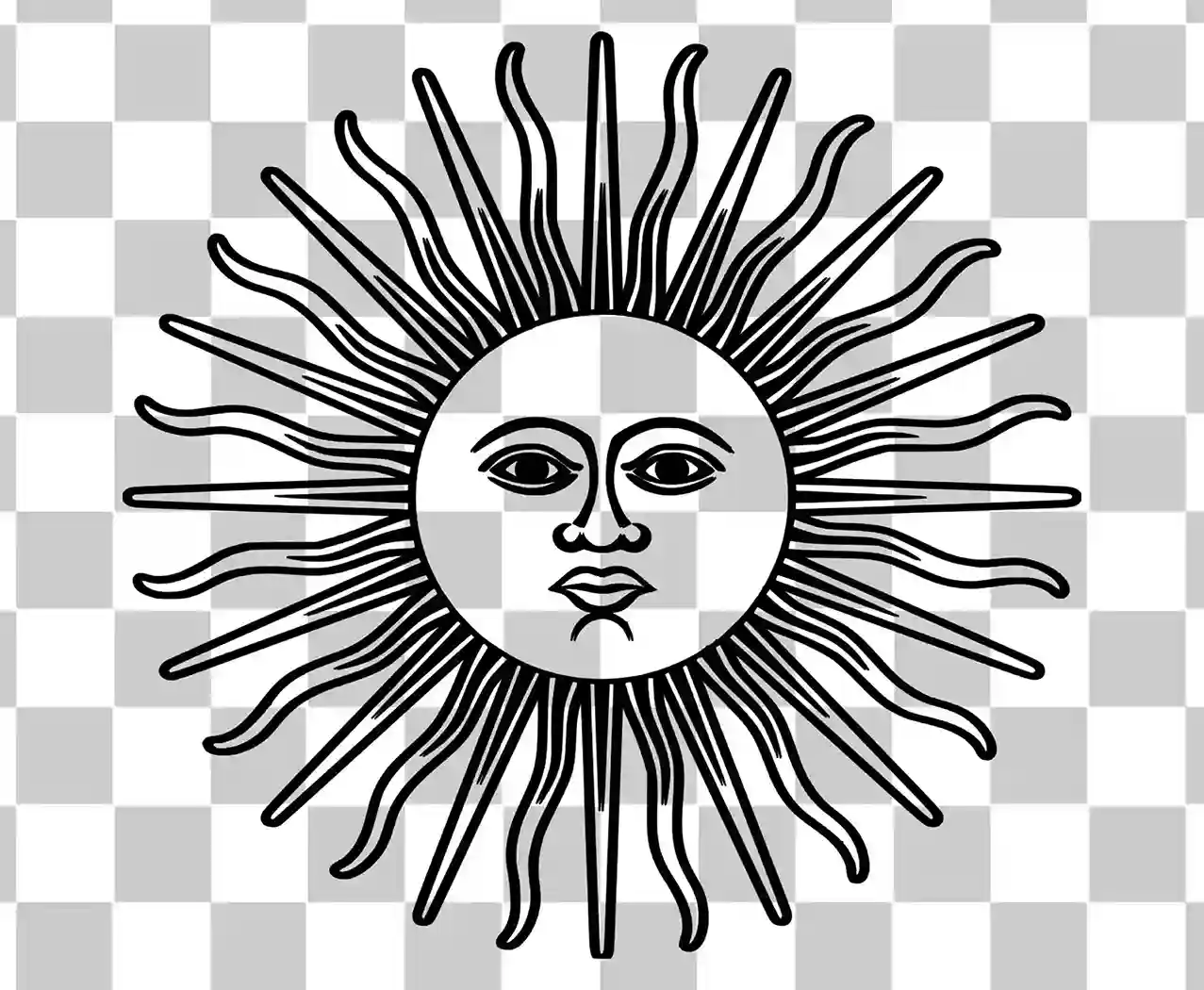Sun of May, Inti Symbol, Yellow Sun Drawing, Argentina Flag Icon, Flag of Argentina, PNG, Black and White, Silver Design, 
